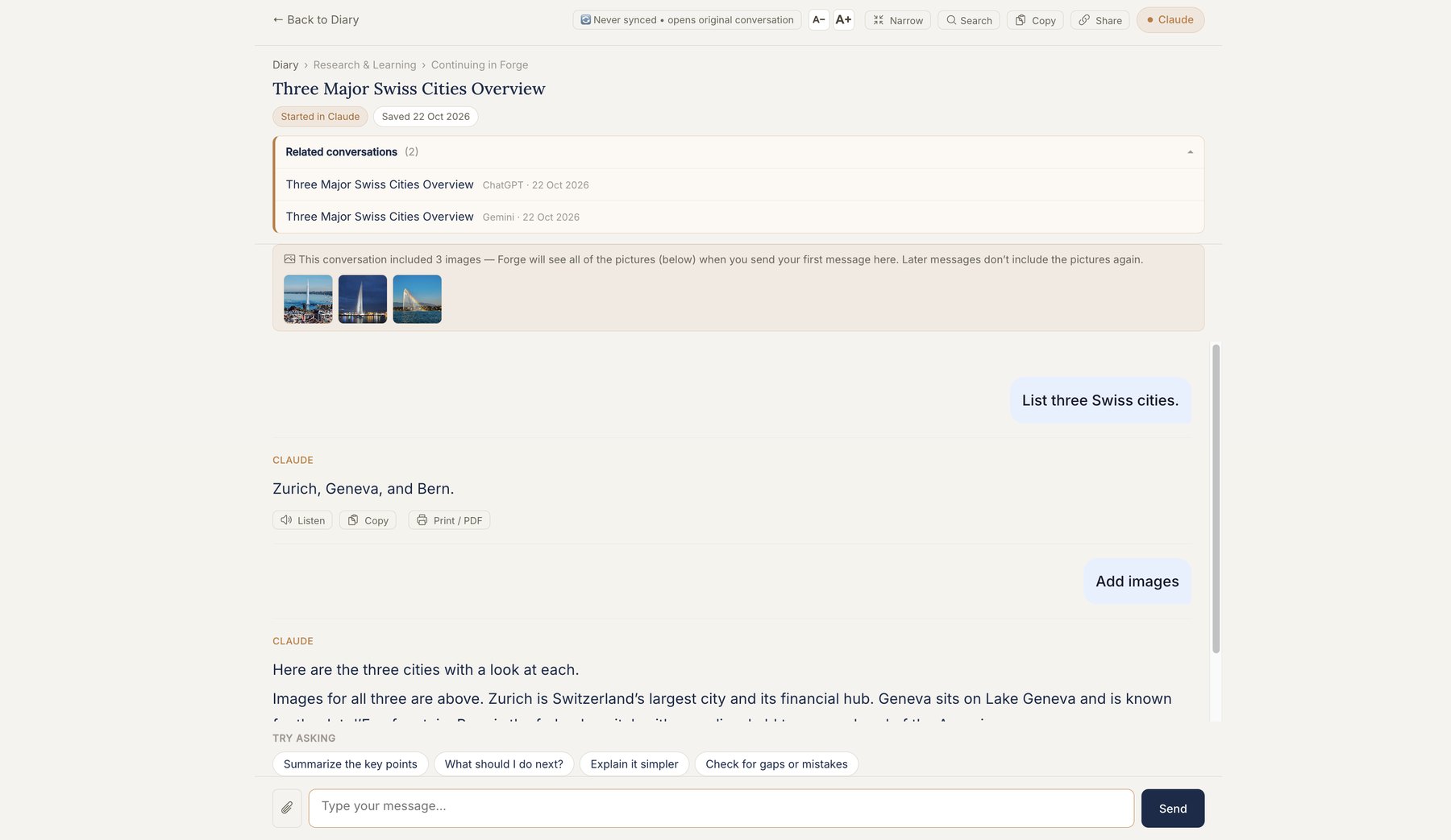 The Continue page in Forge: the saved conversation with its related conversations from other AIs, suggested questions and a message box ready at the bottom