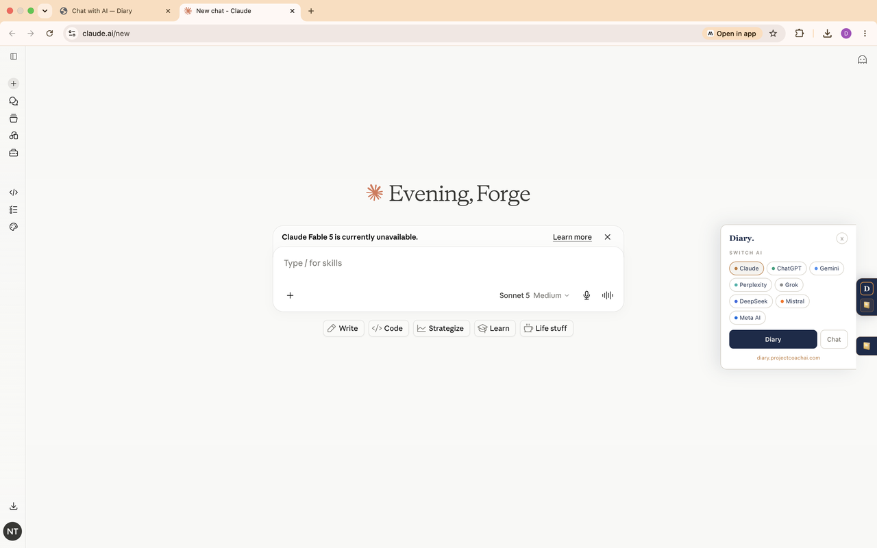 Forge Diary extension dock showing AI switcher on Claude