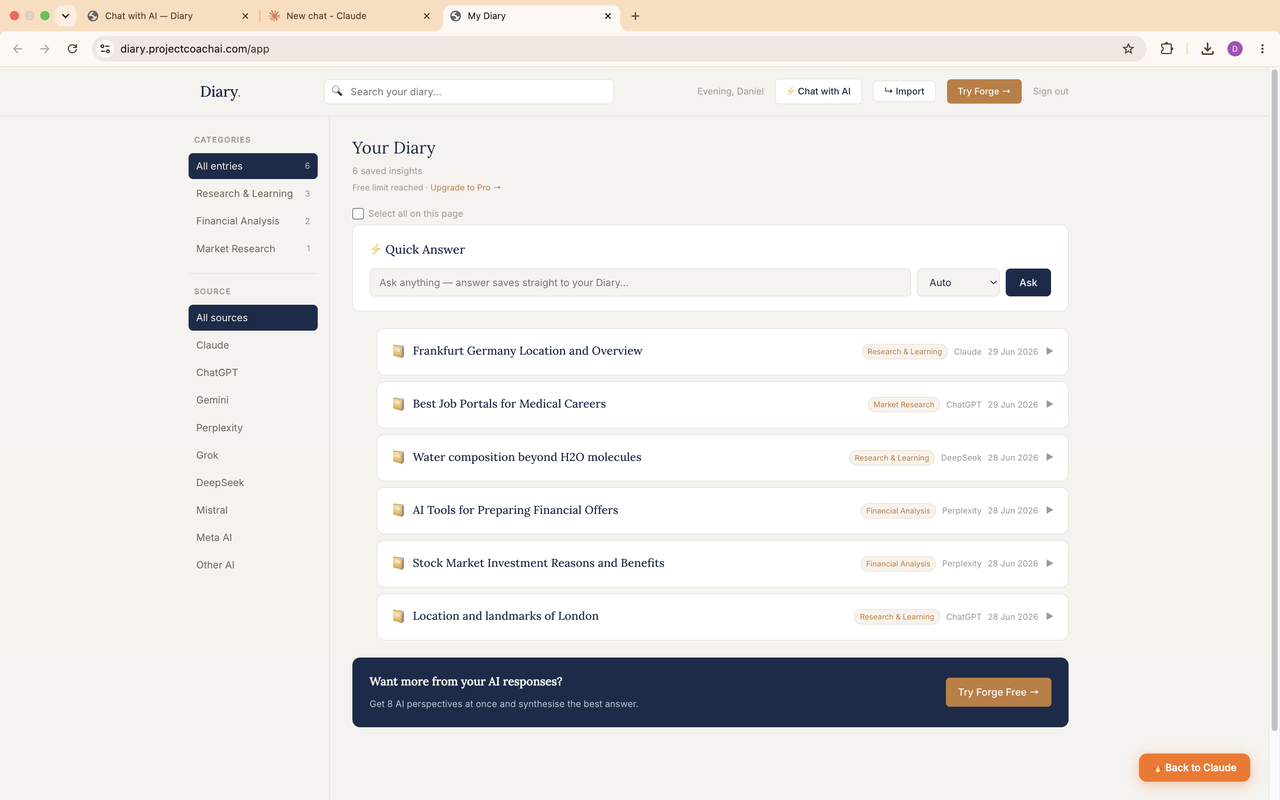 Forge Diary app showing saved AI insights with categories and search