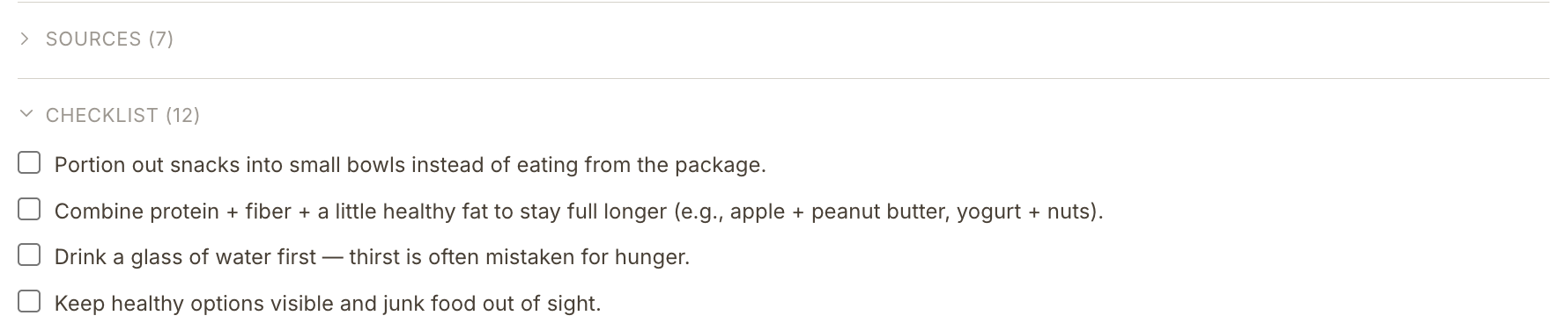 A Diary entry with a checklist of snack tips, each with a tick box