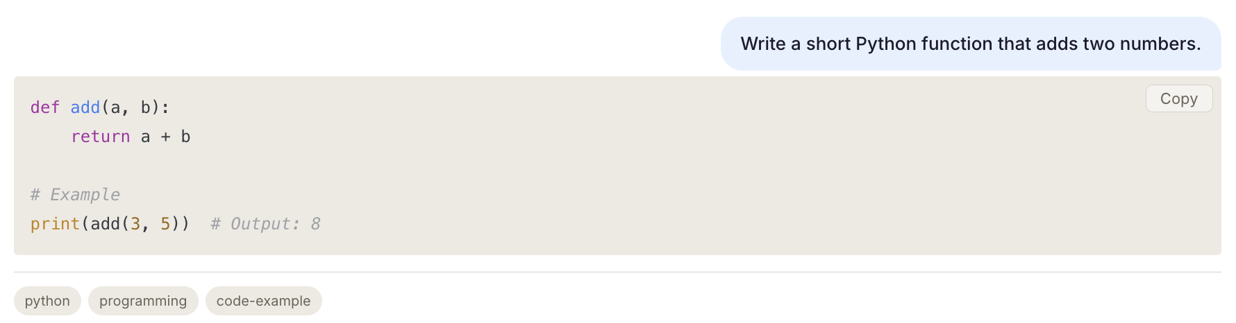 A Diary entry with a Python function shown in a code box with syntax colours, indentation kept and a Copy button