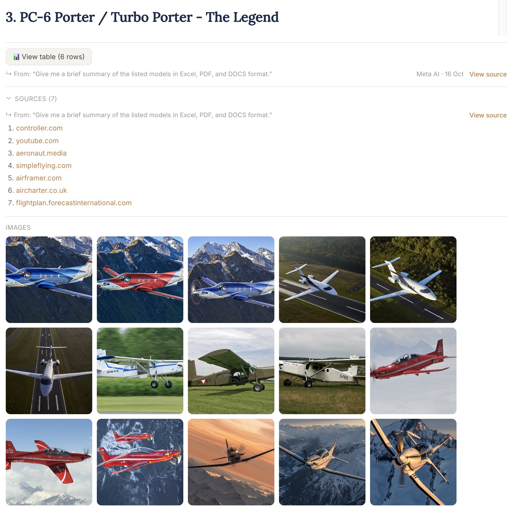 A Diary entry listing seven numbered sources and a grid of fifteen saved aircraft photos